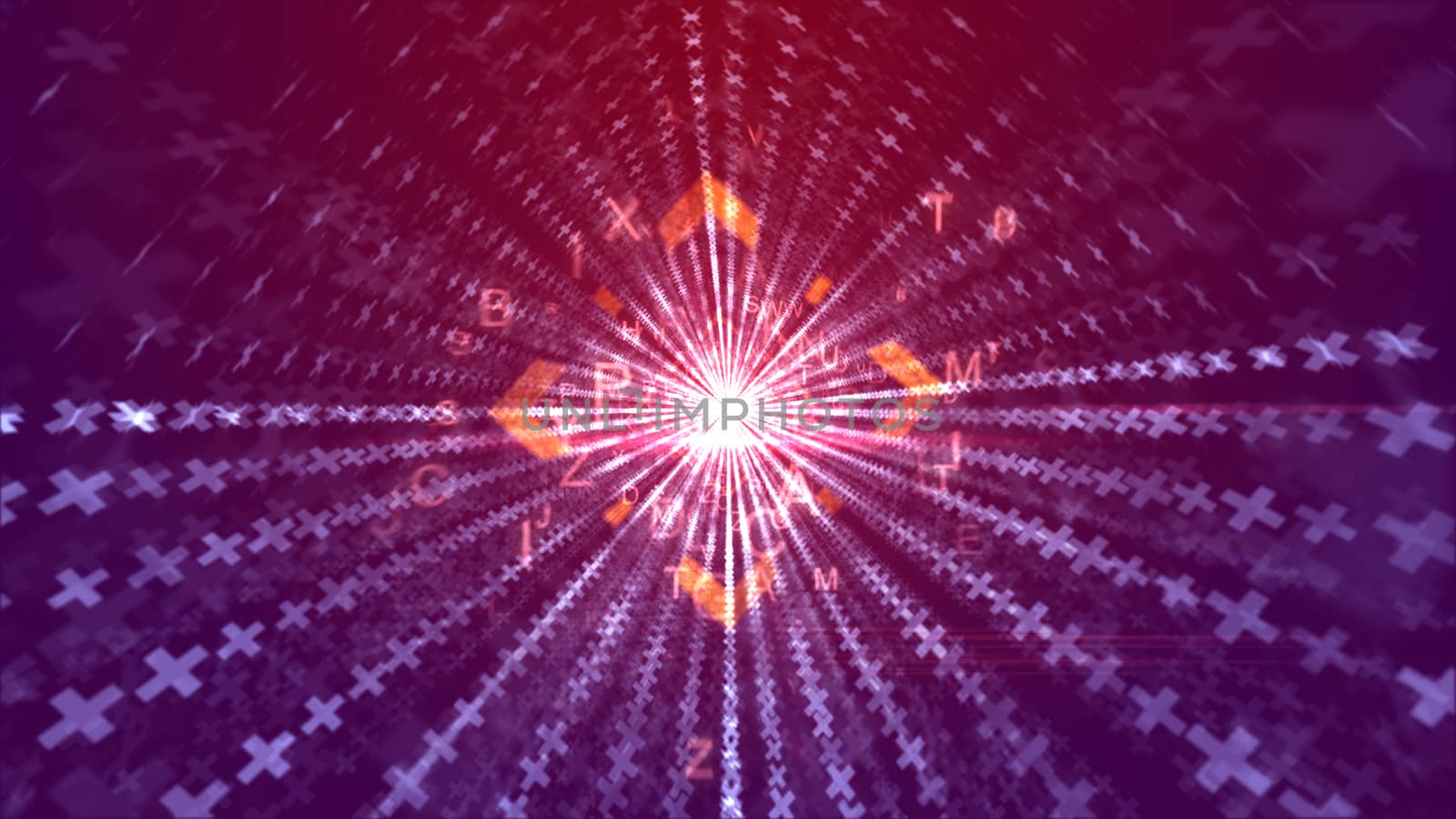 A stunning 3d rendering of flying orange letters going through an orange square way looking like a media portal with lines of crosses and a shining middle in the violet background. 