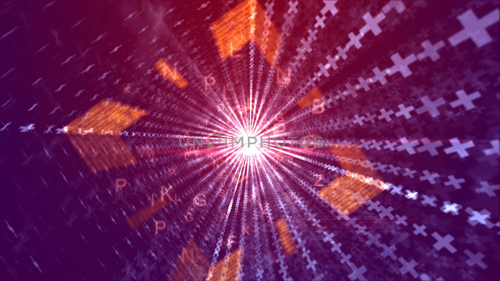 A graphic 3d illustration of glitzy orange letters going through an orange square tunnel with luminous straight lines of crosses and a plasma center in the violet background. 