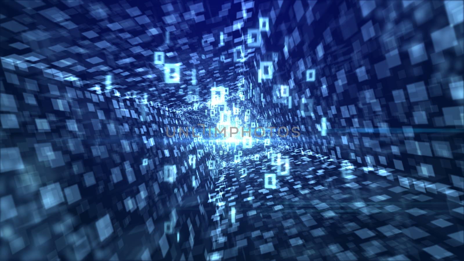 An exciting 3d illustration of soaring white zeroes and ones going through a rhomboid portal looking like a glitzy diamond with stripes of squares in the blue background. 