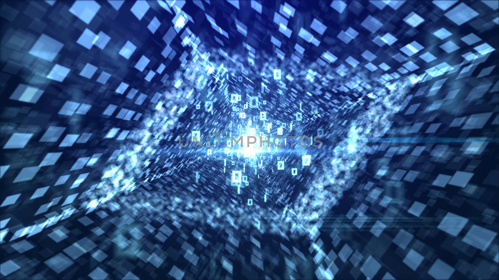 An arty 3d illustration of flying bits of info going through a rhomboid pipeline looking like a bright lozenge with stripes of shimmering white squares in the blue background. 