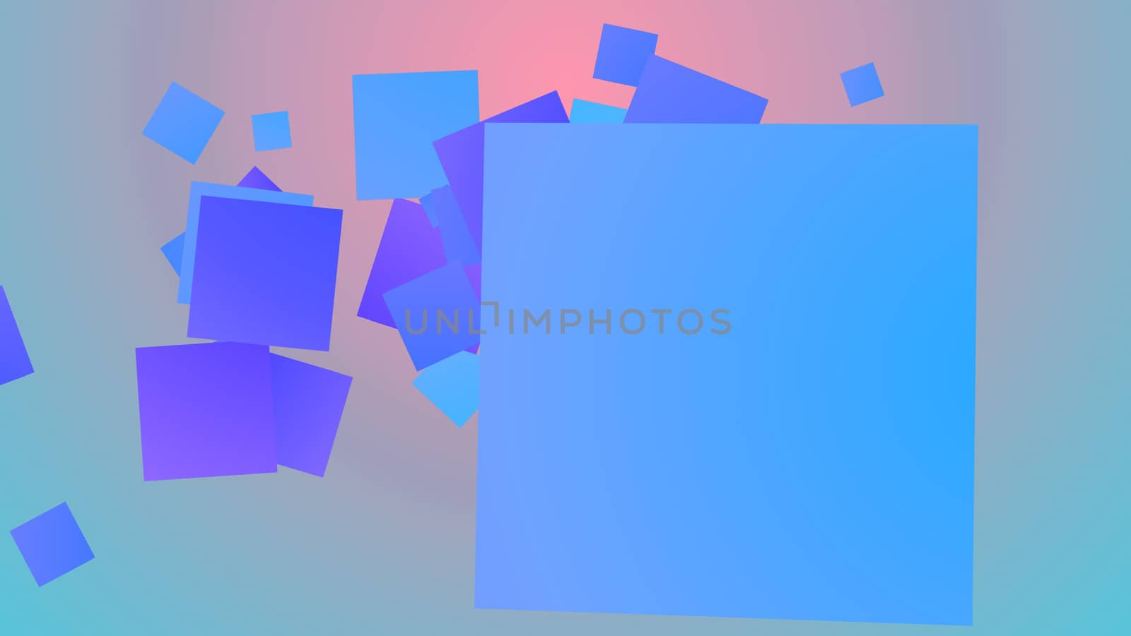 A merry 3d illustration of spinning big and small squares of blue, violet and celeste colors frolicking joyfully in light purple and blue background. They look hilarious