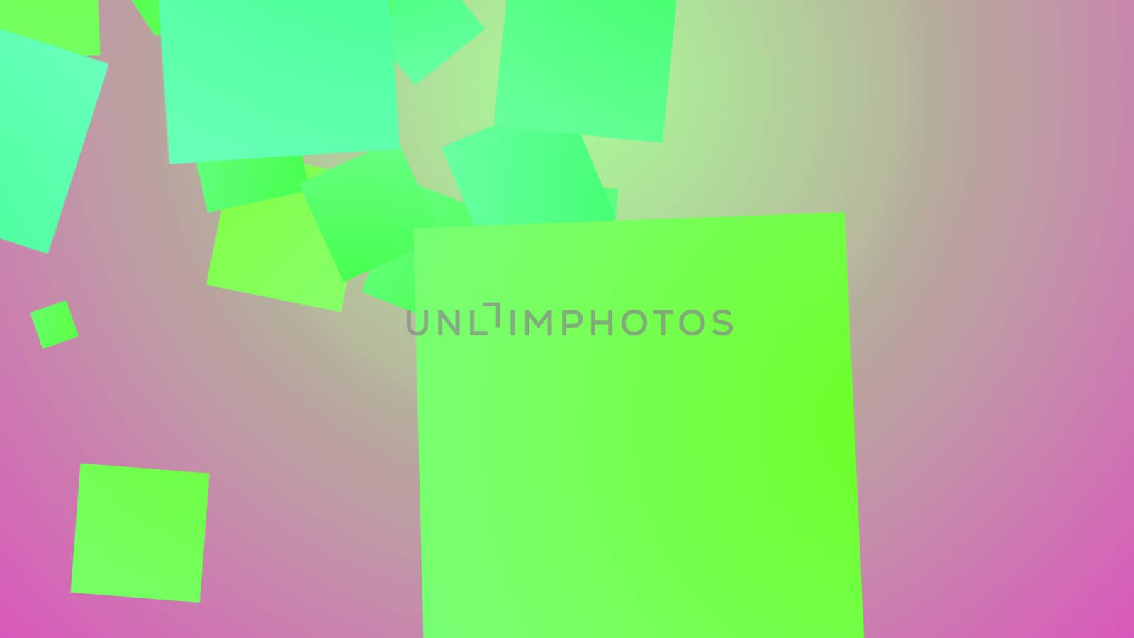 An amusing 3d illustration of flying big and small squares of salad, celeste and blue colors playing joyfully in light violet and white background. They look childish and funny.