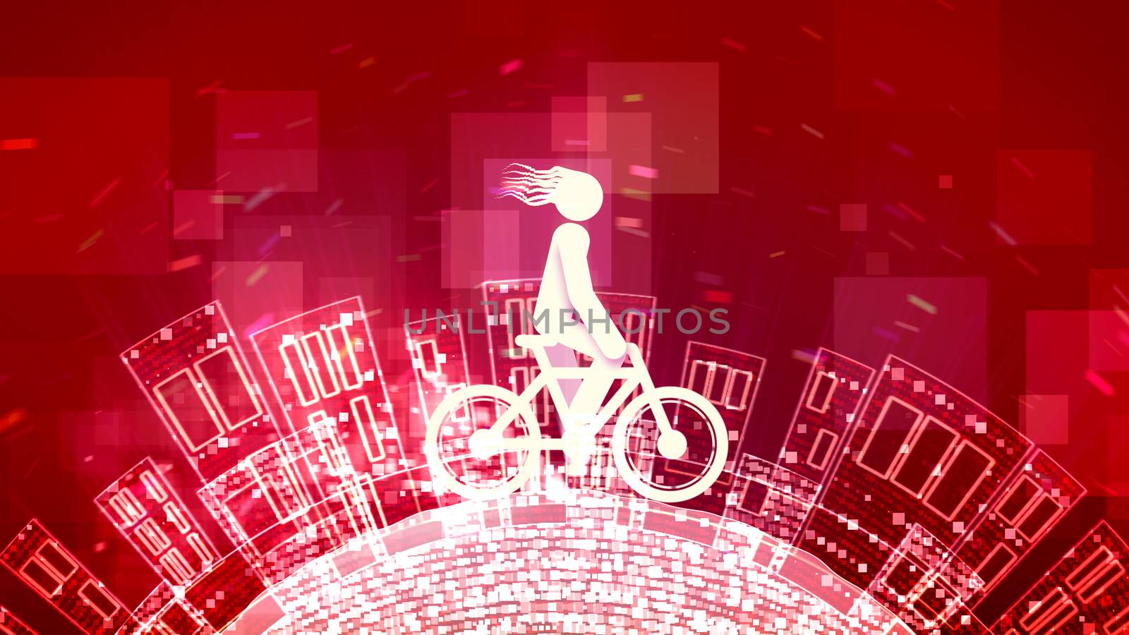 An encouraging 3d rendering of an abstract young man on a white bicycle in the purple background. The round Earth with high apartment blocks rotates below him.