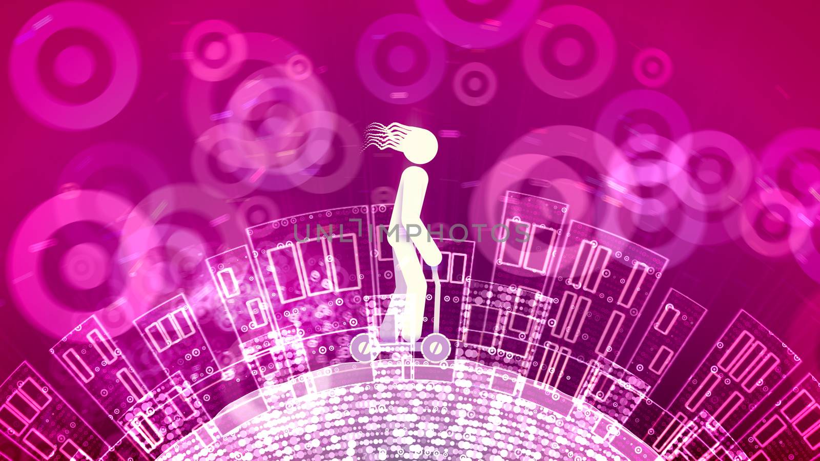 A joyful 3d rendering of an abstract young man propelling a push scooter in the purple backdrop with transparent wheels. The land with high houses rotates cheery under his wheels.
