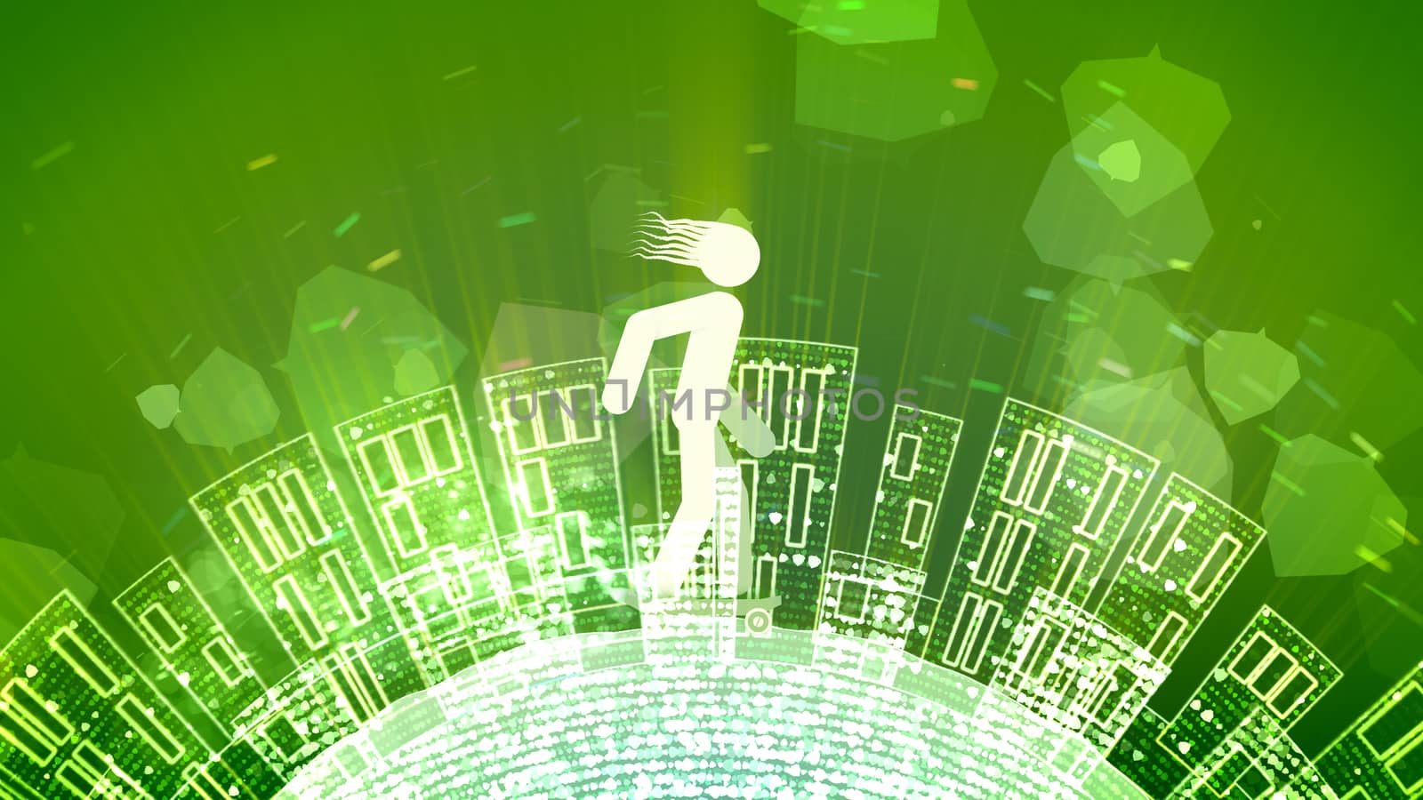 A cheery 3d rendering of an abstract young man riding a white skateboard in the green background. The Earth with high buildings and bubbles rotates under the wheels.