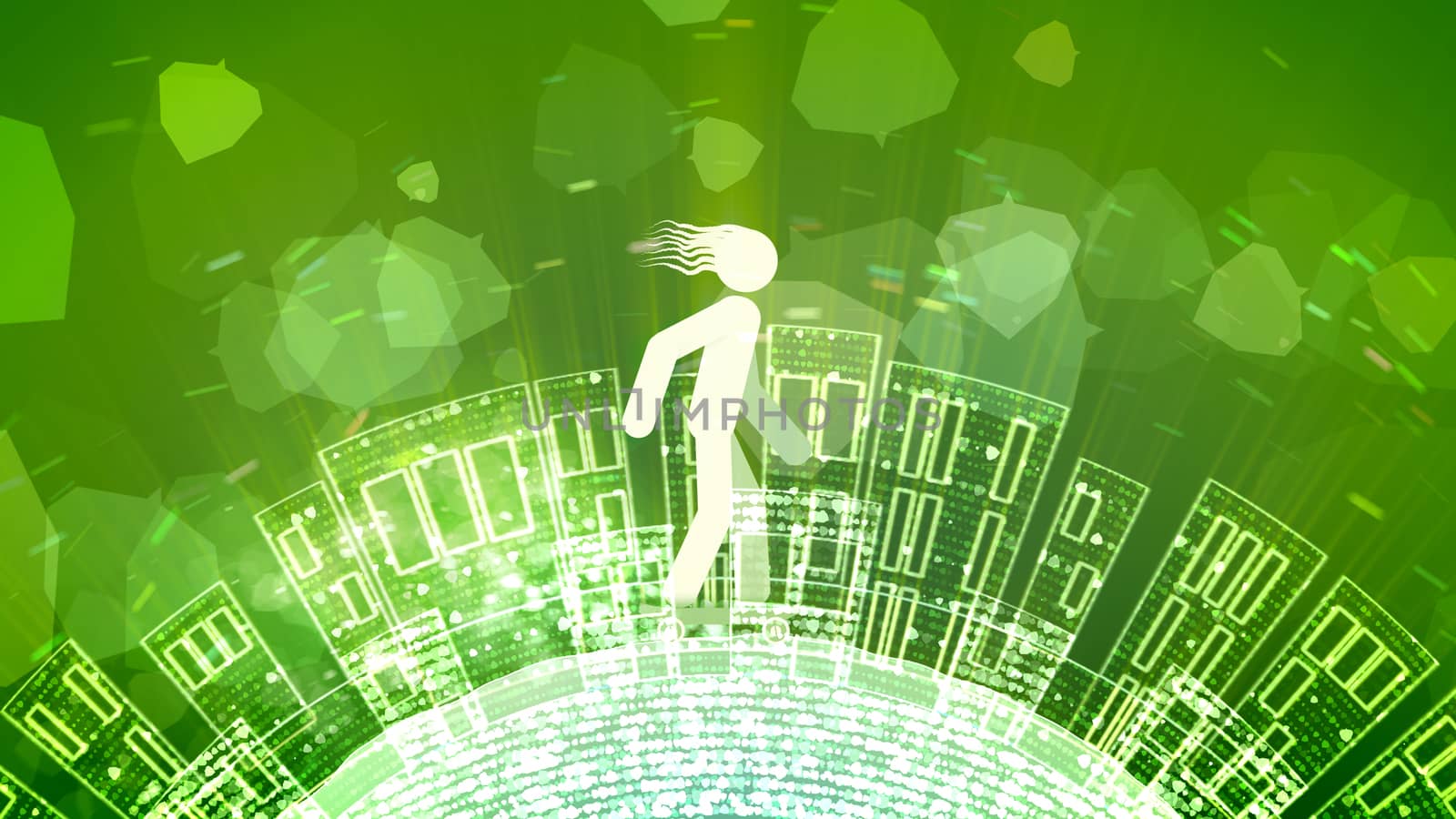 A childish 3d illustration of an abstract young man with streaming hair riding a skateboard in the khaki background. The land with high houses and bubbles moves under his wheels.