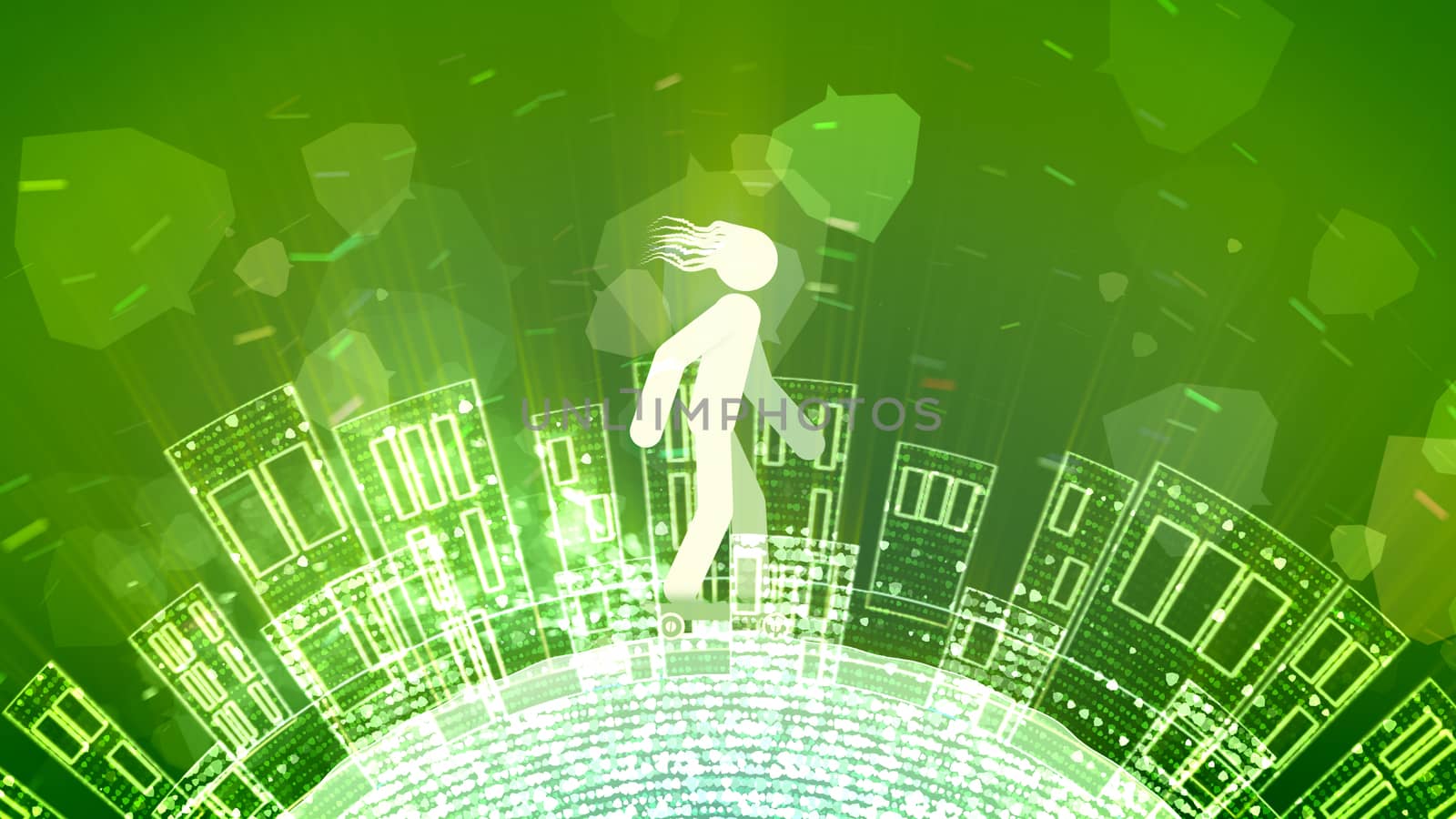 A cheerful 3d illustration of a snappy young man with fluttering hair riding a skateboard in the khaki background. The ground with high houses and bubbles revolts under his wheels.