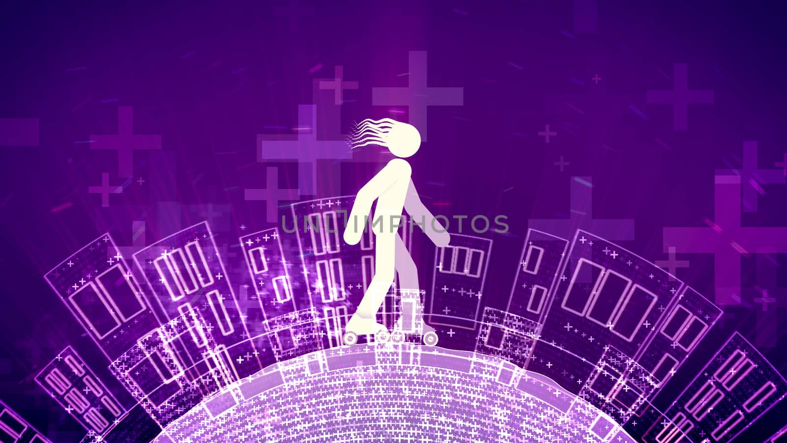 A childish 3d rendering of an abstract young man with streaming hair riding white roller skates in the violet backdrop. The ground with houses and crosses revolts below him.