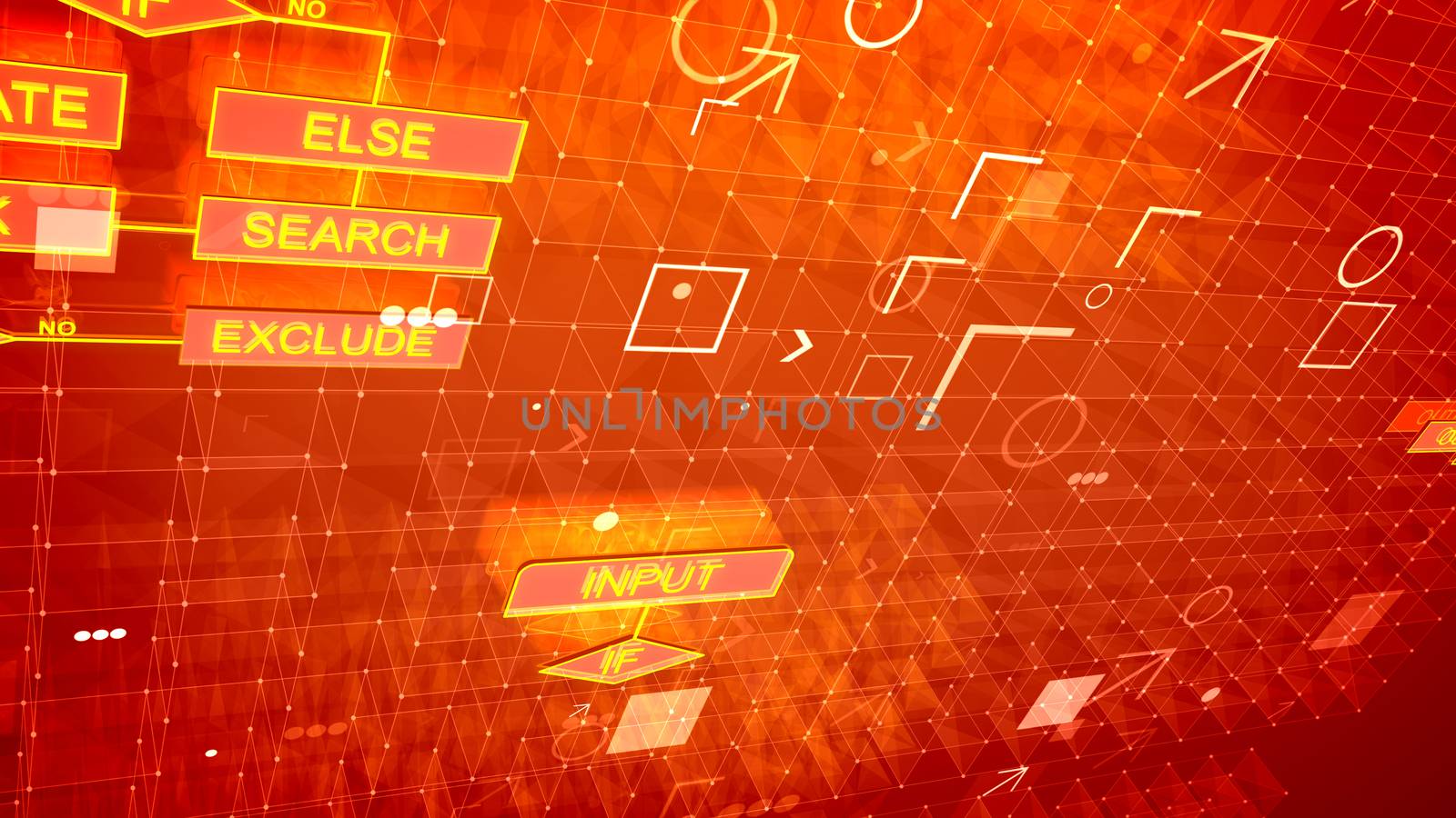A graphic 3d illustration of computing algorithms appearing in the purple background with golden tablets, lines, words and sparkling spots interconnected with each other.