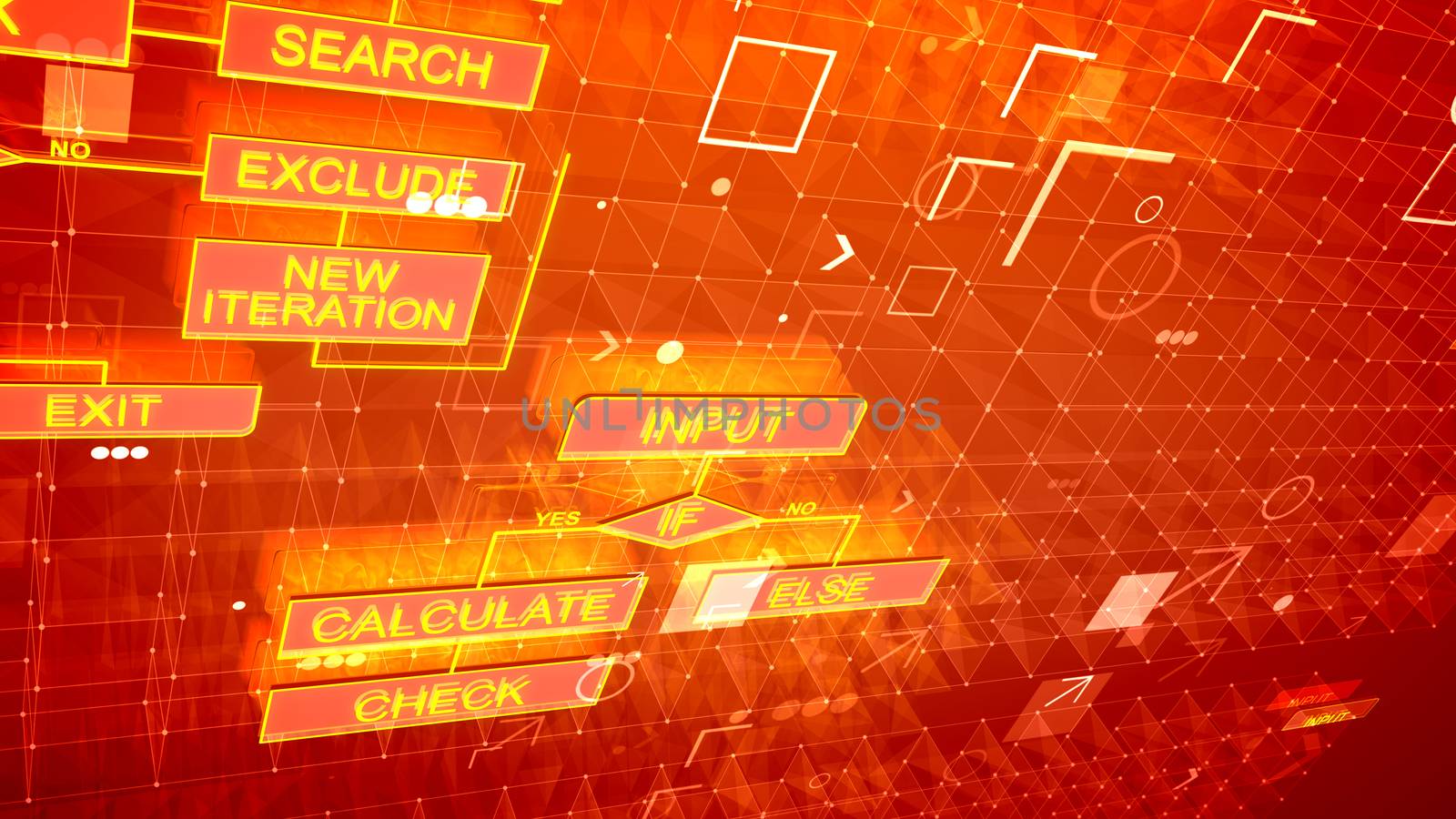 A luxury 3d illustration of electronic algorithms shimmering in the purple background with golden signs, networks, spots and shining icons interconnected with each other.