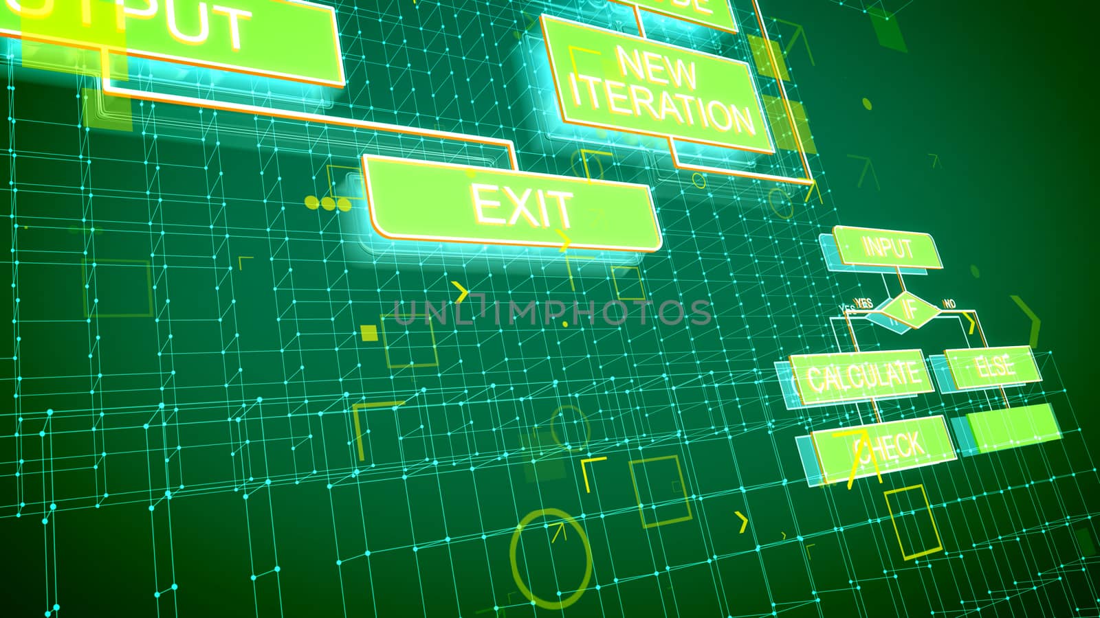 A cutting edge 3d illustration of computer algorithms put diagonally in the green background covered with connected grates and rectangular and rhombus boxes with words.
