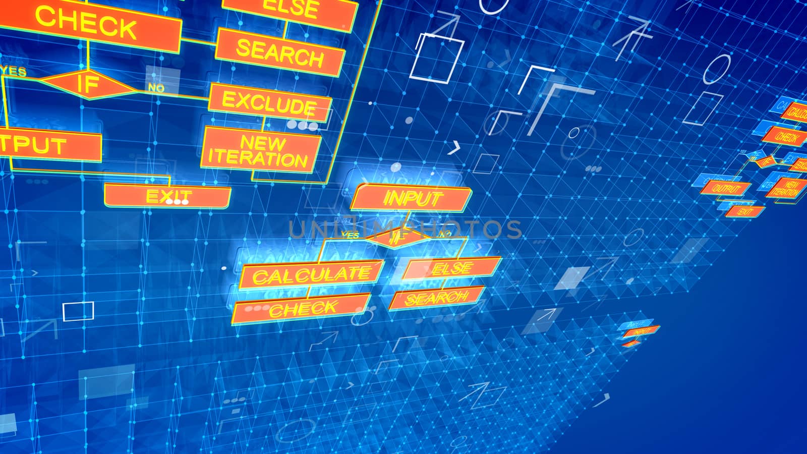 A fabulous 3drendering of electronic algorithms in the bright blue background with shining dots, white grates, connected rhombus and rectangular red buttons with golden commands.