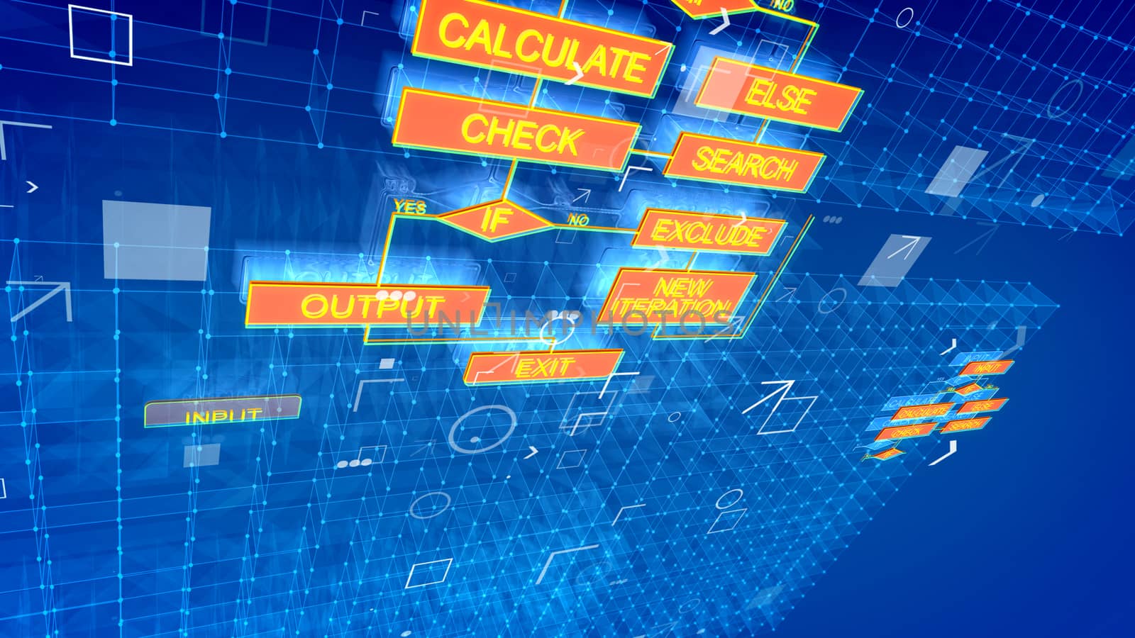 A magnificent 3drendering of pc algorithms in the blue backdrop placed aslant with shining spots, angles, arrows, rounds, grids, rhombus and rectangular red icons with words.