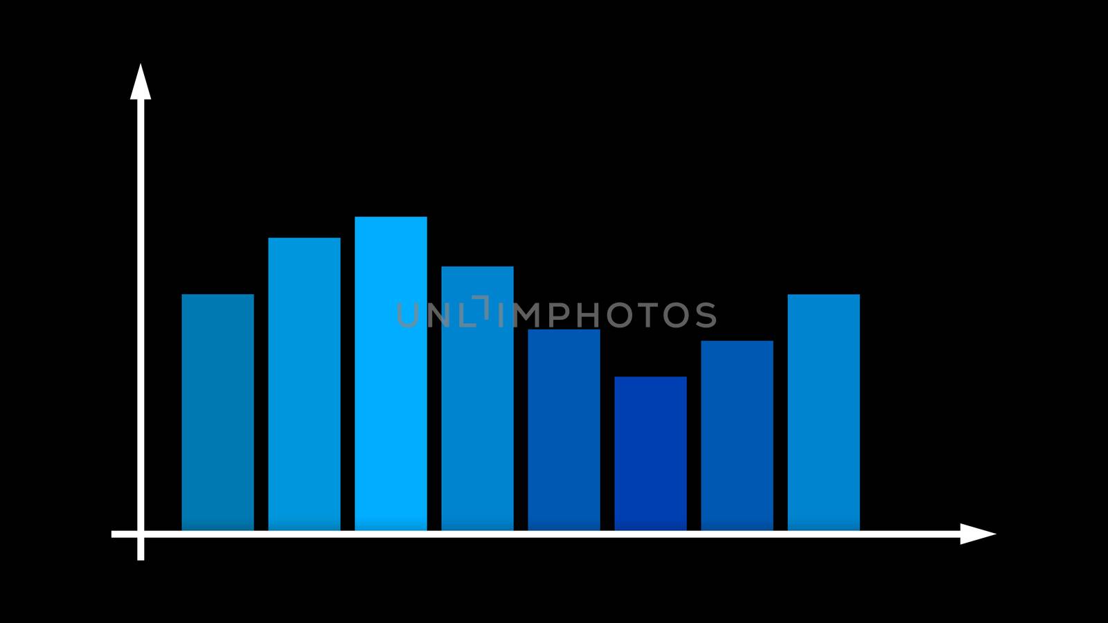 An impressive 3d rendering of a bar graph with blue and celeste columns fluctuating up and down between two axes with spiky arrows and indicating profit in the black backdrop.