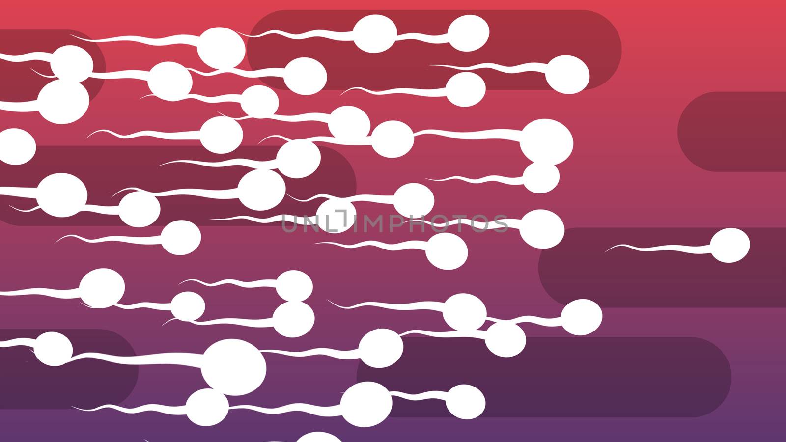 A cheerful 3d illustration of dashing white spermatozoids with curvy tails covering the light violet and purple backdrop with oval black pipes. They look aggressive and lively
