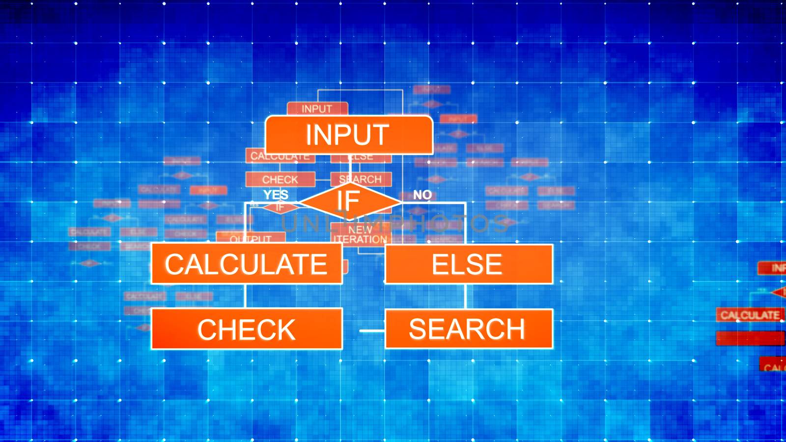 An arty 3d rendering of computer algorithms on several bright blue surfaces full of squares, shining dots, cubic grids, and interconnected rhombus and rectangular red icons.