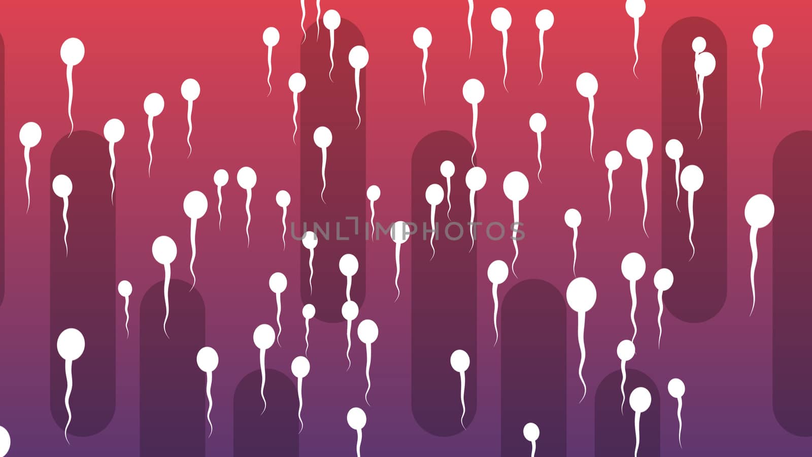 A gorgeous 3d rendering of dashing vertically white spermatozoids with waving tails covering the light violet and purple background with oval black tubes. They look enthusiastic