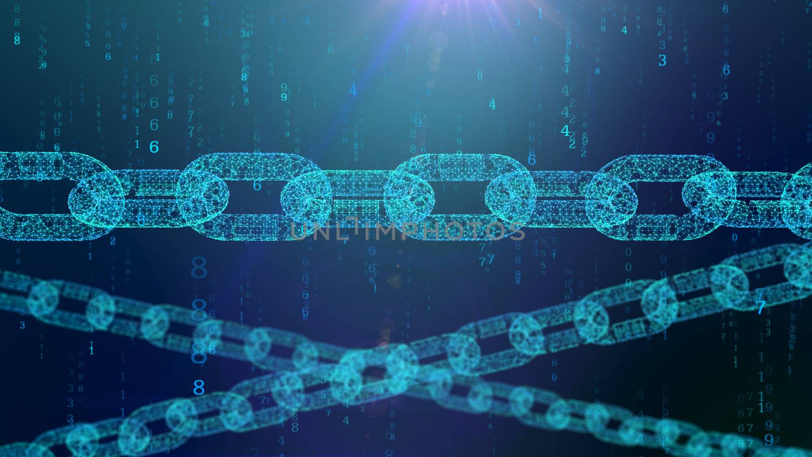 A holographic 3d illustration of a see-through chain protecting the cyberspace against the falling symbols of a digital matrix in the blue background. It looks reliable and tough.