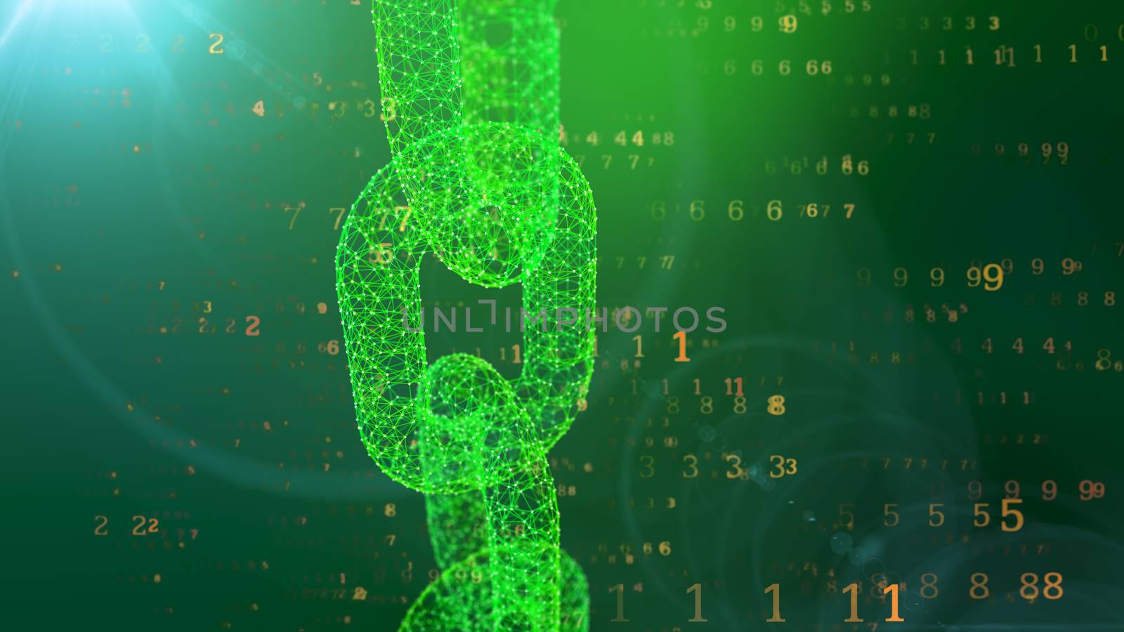 A computer graphic 3d illustration of a moving vertically shining chain protecting the space against the flying yellow digits of a programmed matrix in the green background