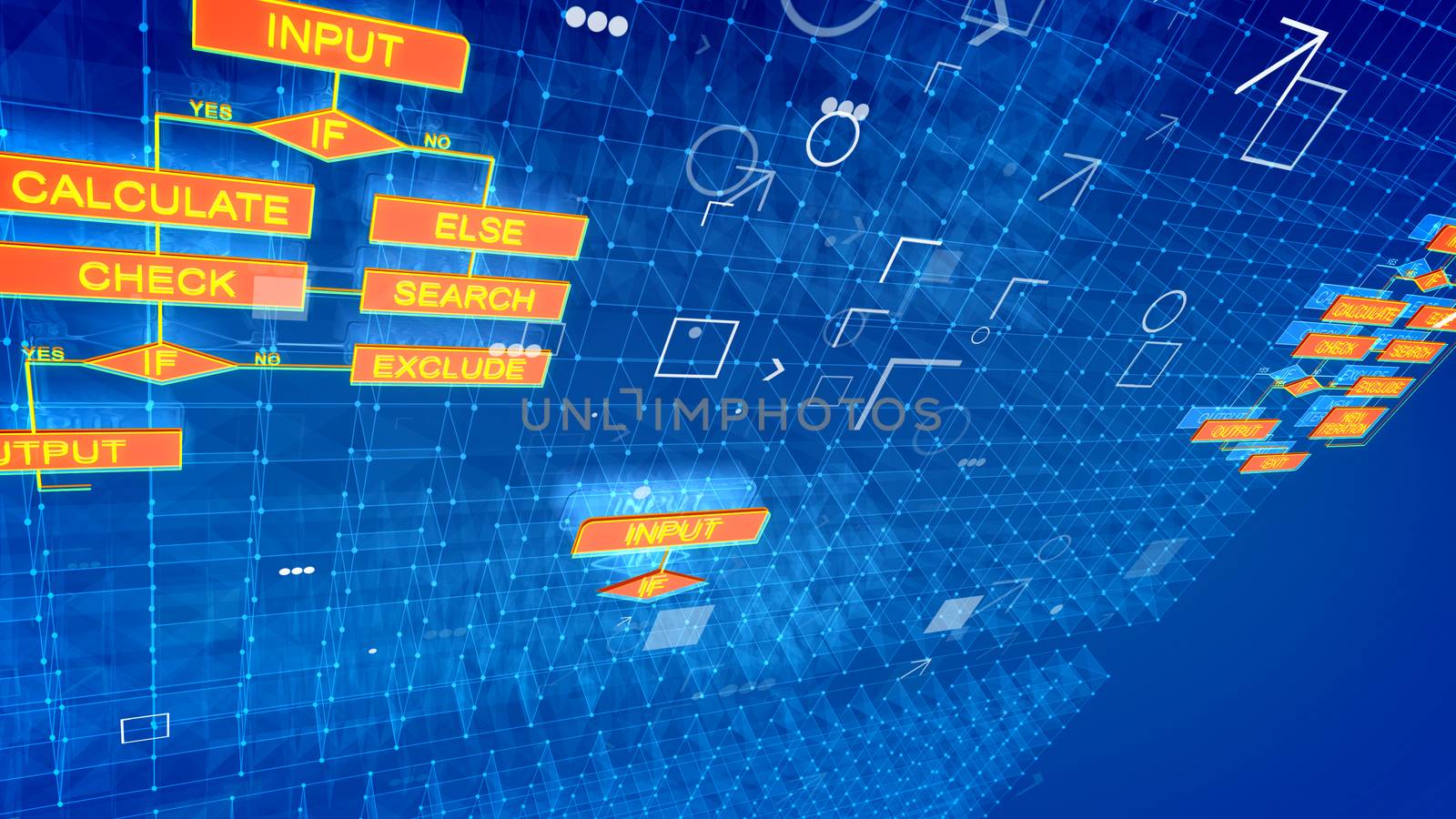 An arty 3d illustration of computer algorithms on several bright blue surfaces full of shining dots, cubic grids, connected rhombus and rectangular red icons with golden words.