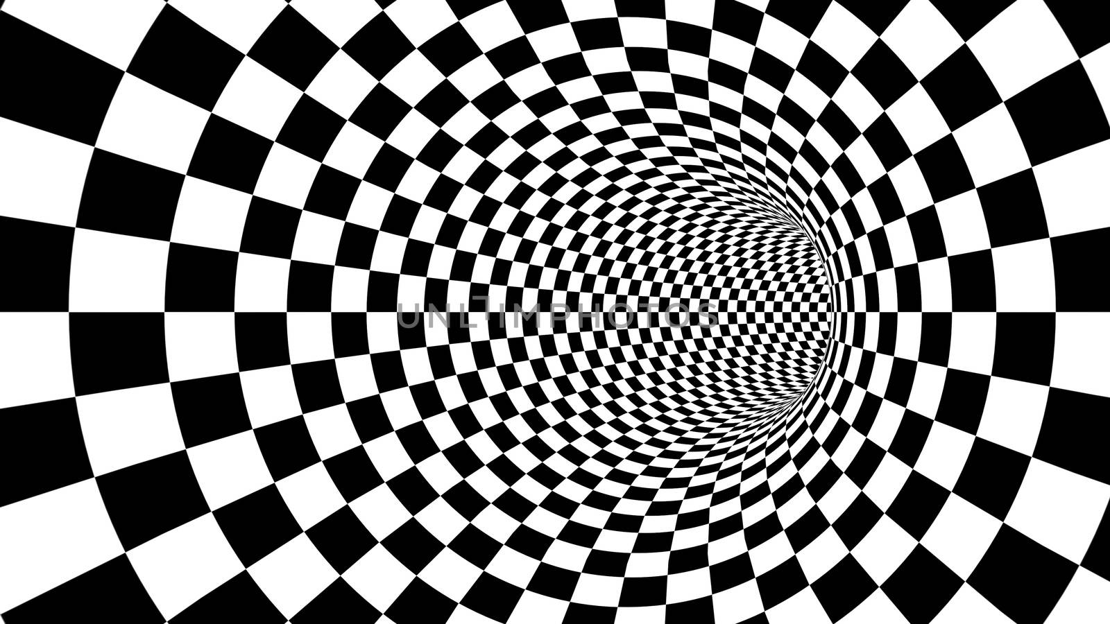 A mesmerizing 3d illustration of an optical illusion created by black and white squares looking like a tunnel from chessboards creating the mood of magic and art.