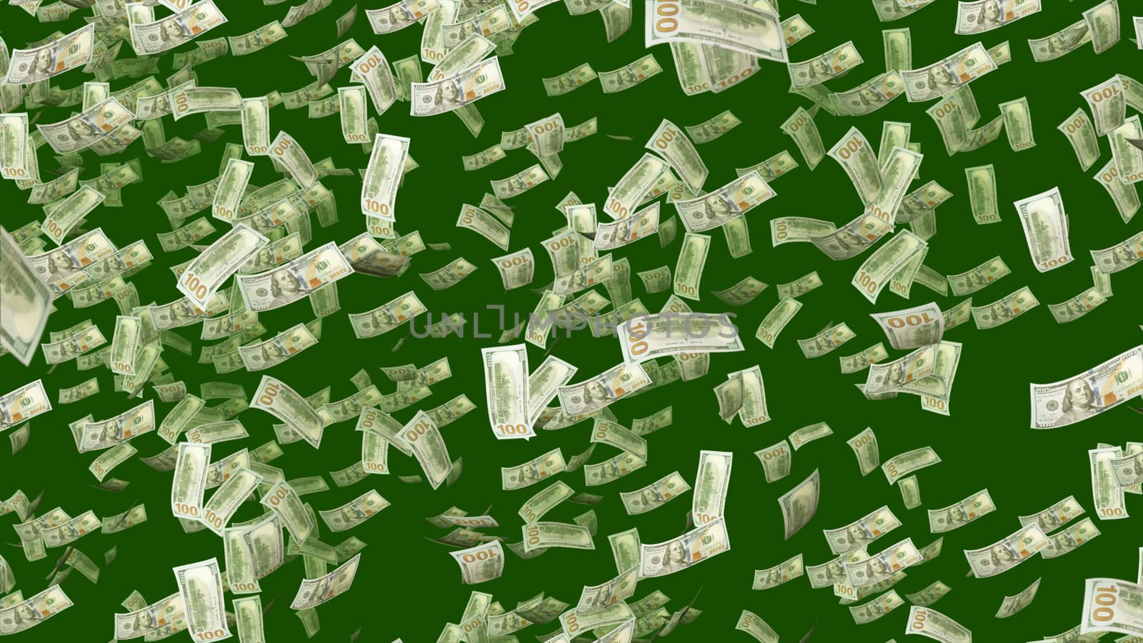 An impressive 3d illustration of flying horizontally and vertically American one-hundred-dollar banknotes in the khaki background. They spin and coil in optimistic and confident way.
