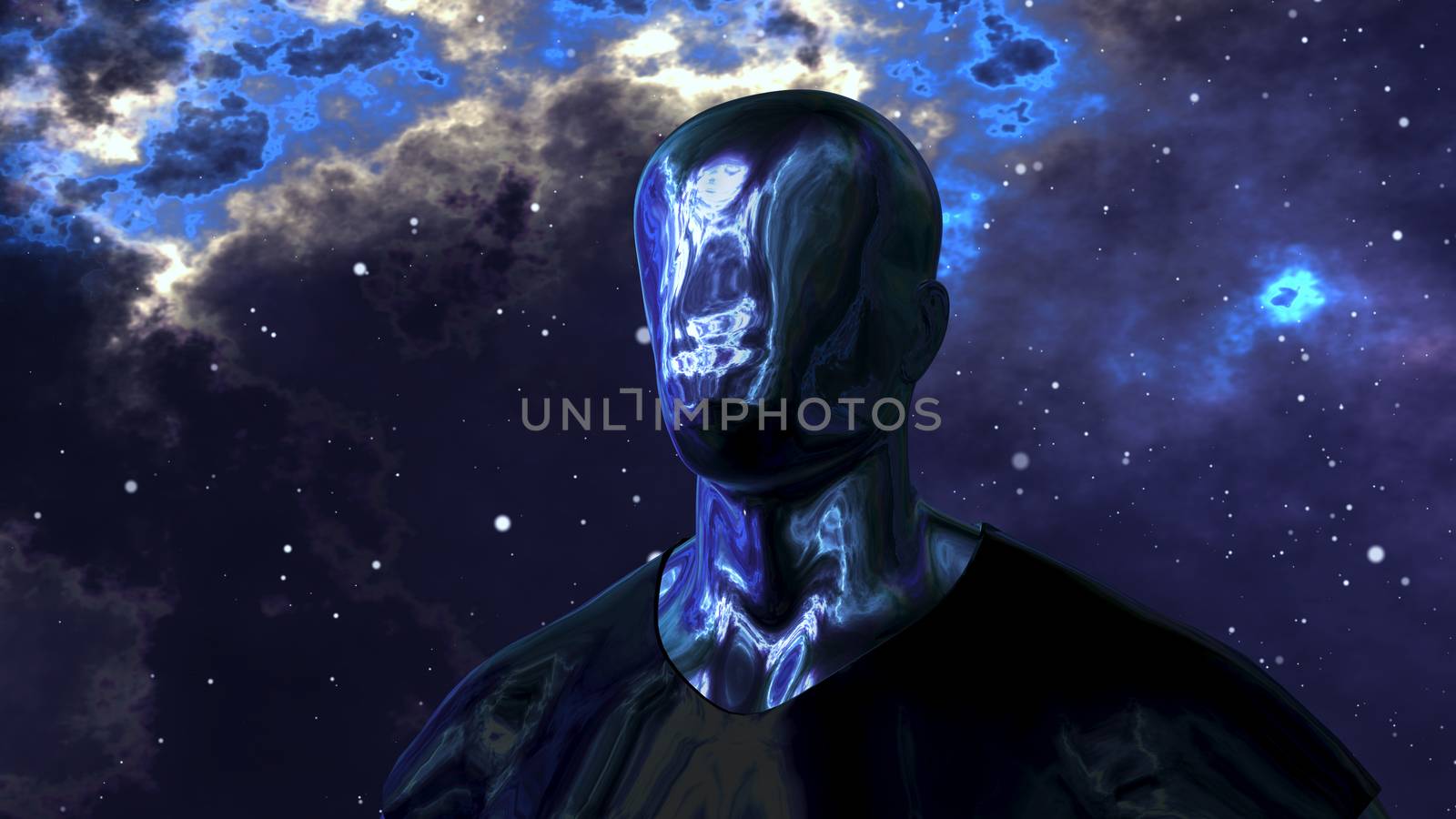 A fantastic 3d illustration of an android looking man without eyes, lips and nose but with shining metallic face and body. The black and blue cosmos moves behind his strong body.