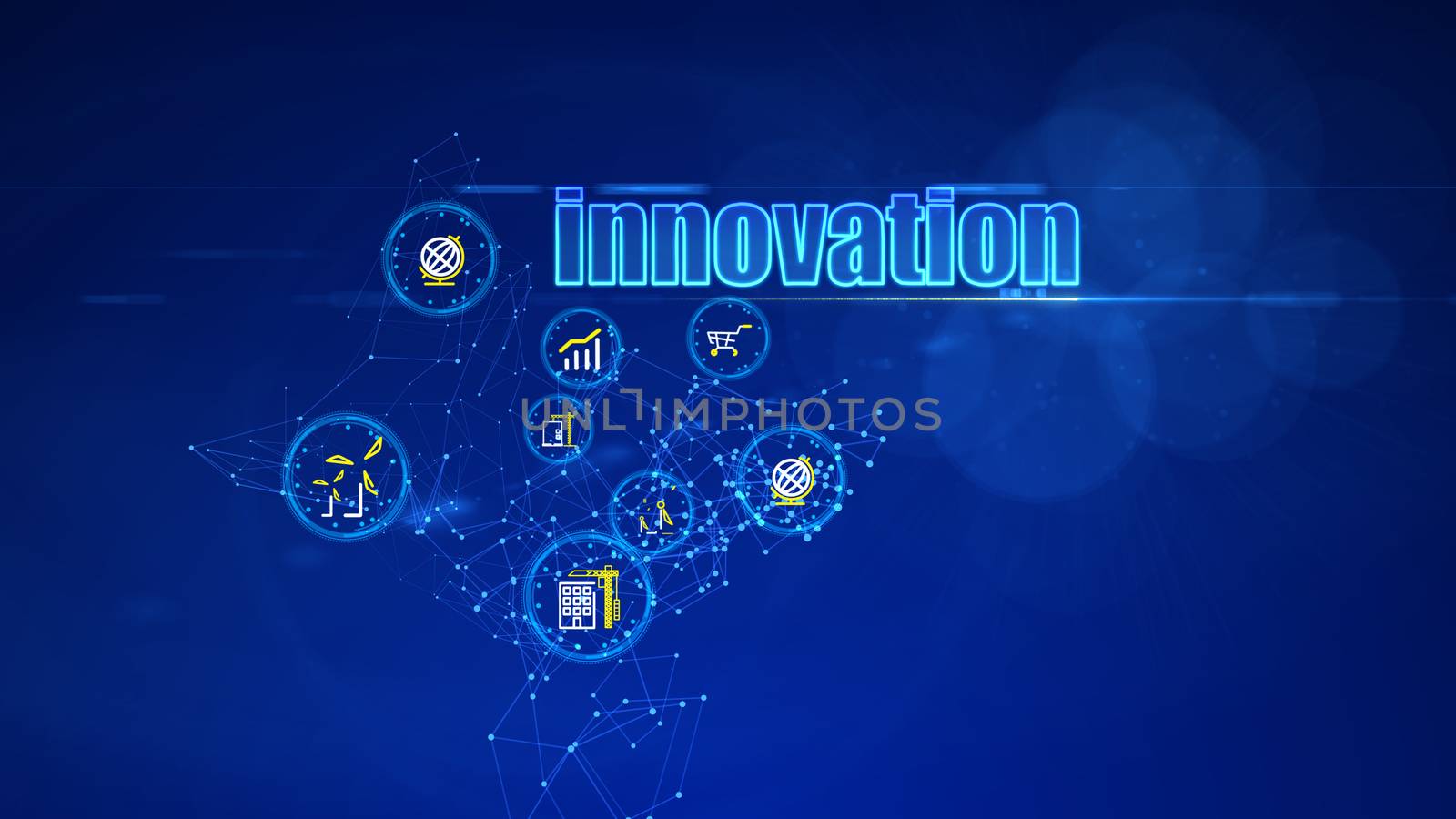 An arty 3d illustration of the innovative investment projects displayed like icons in shining circles in the blue background. The most frequent are eco mills, energy, construction.