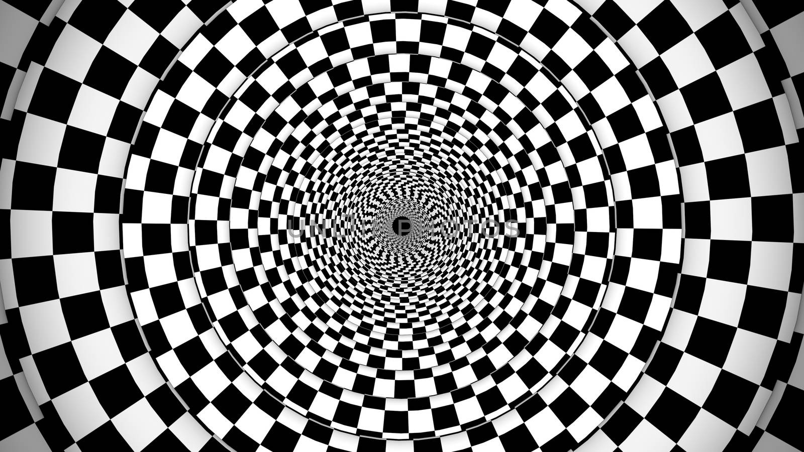 An optical art 3d illustration of a symmetrical illusion formed by black and white squares making a huge tunnel from chessboards creating the mystic and magic spirit.