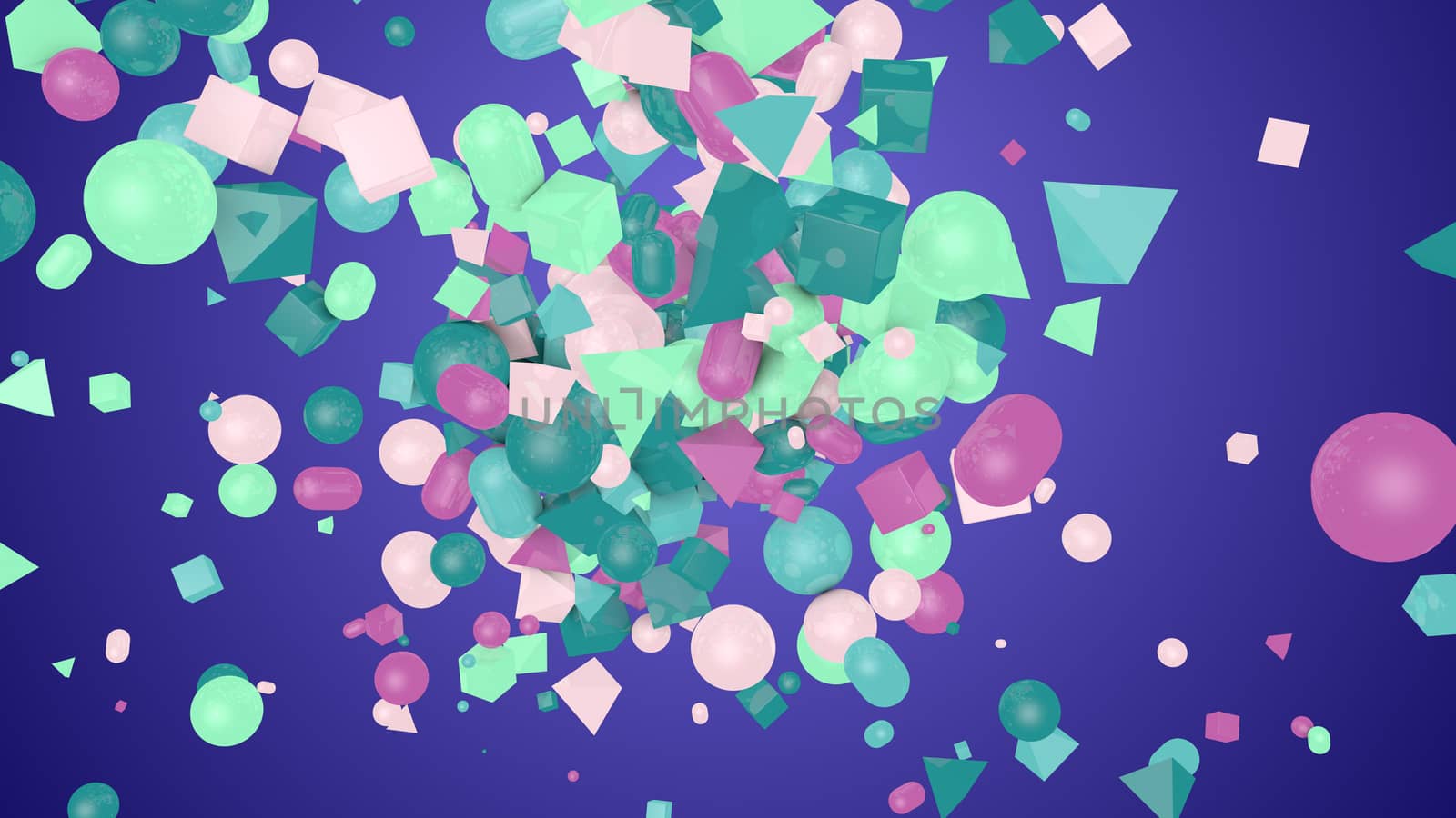 A cheerful 3d illustration of random shape violet background from colorful balls, squares, pills, lozenges, pyramids, cubes, whirling and flying optimistically around.