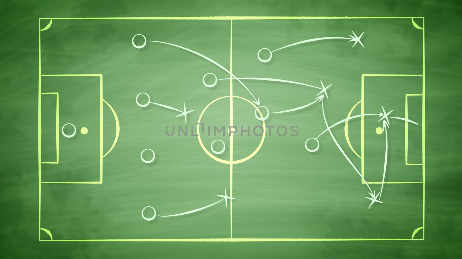 A smart 3d illustration of a football field covered with zeroes and arrows. It shows how the team should give passes to score a goal and to win the rival players. It looks winning