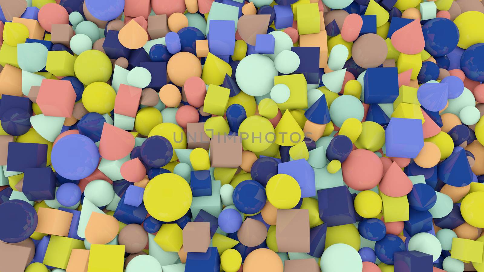 A jolly 3d illustration of casual shape background from numerous and multicolored balls, squares, pills, lozenges, pyramids, cubes, covering the whole background cheery.