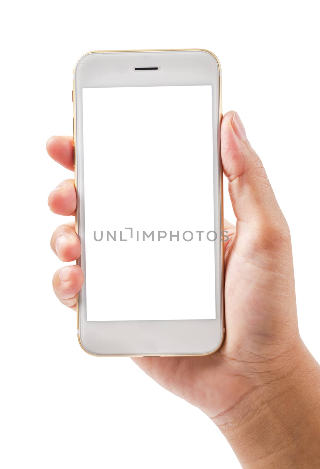Close up hand showing touch screen mobile phone isolated on white background, save clipping path.