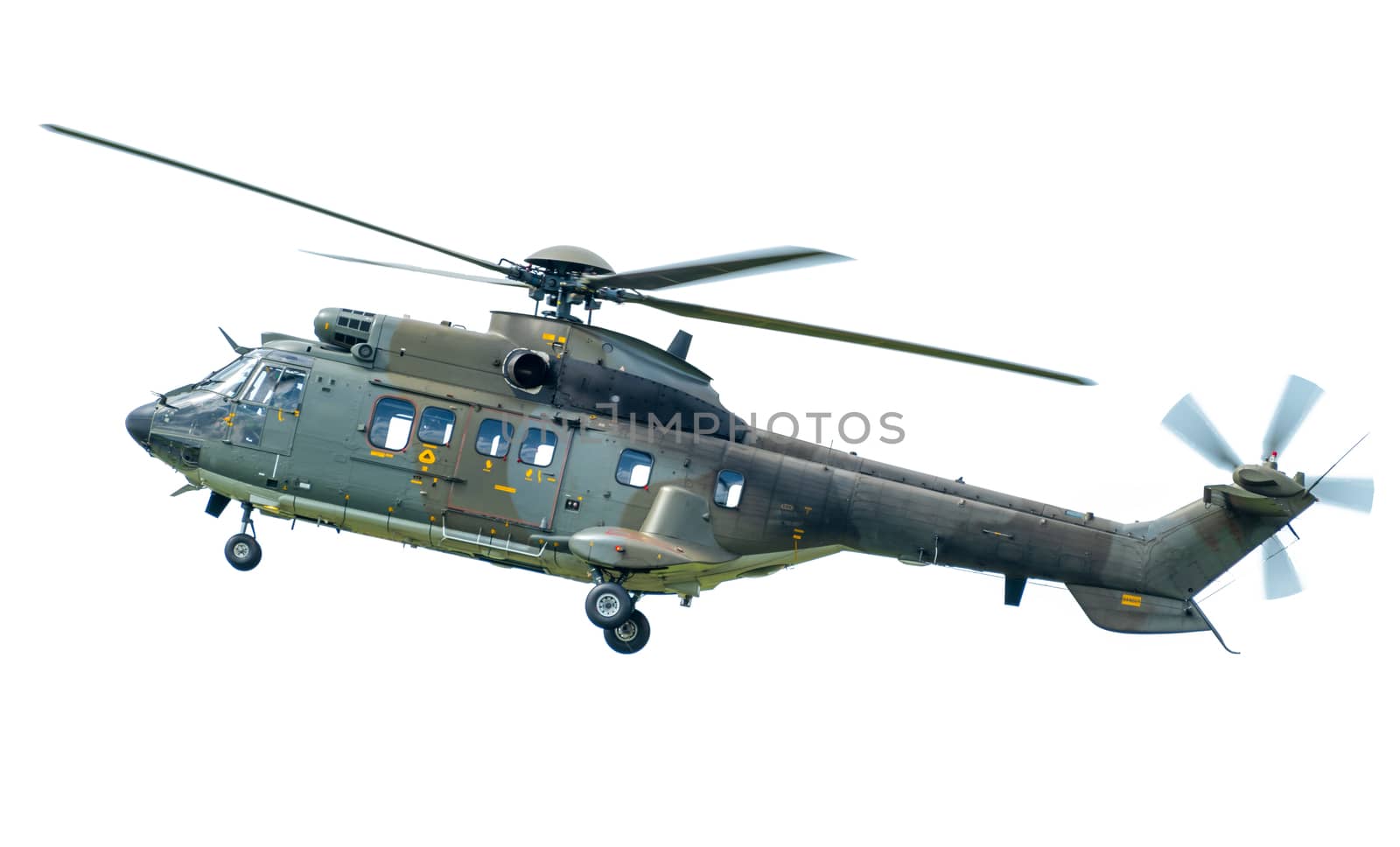 AS332 Super Puma helicopter in flight, gear extracted, isolated on white, markings removed