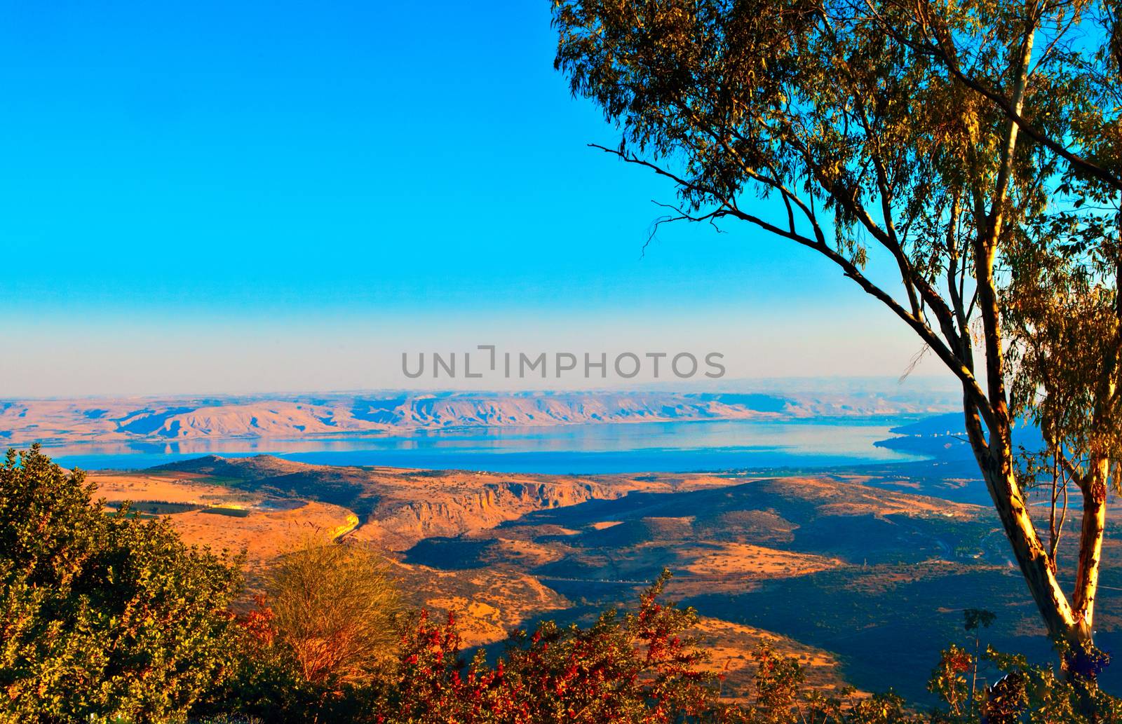 View from the mountain to the Kineret, Sea of Galilee at sunset