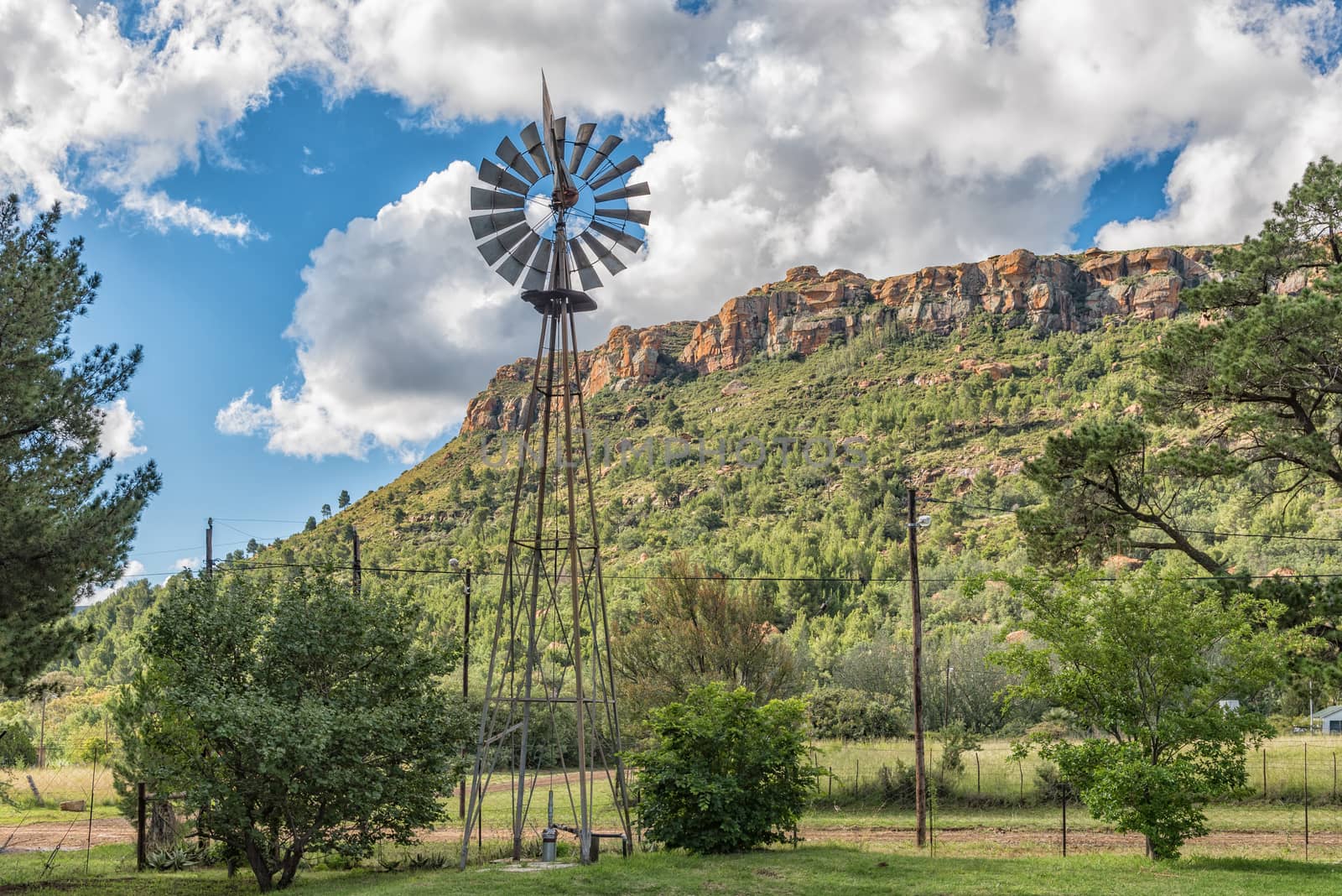 A street scene with a water-pumping windmill in Lady Grey in the Eastern Cape Province