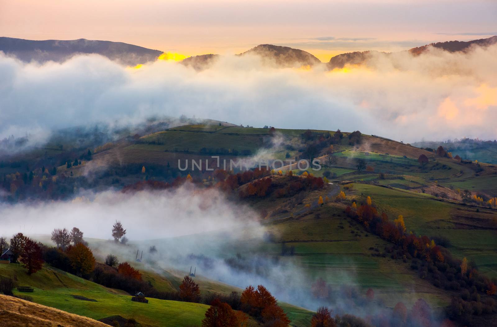 cloud inversion in autumn mountains at dawn by Pellinni