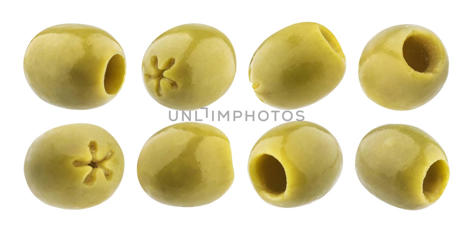 Pitted olives collection. Green olive isolated on white background with clipping path, close up