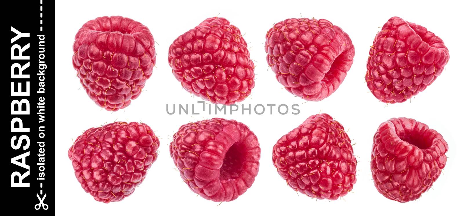 Raspberry isolated on white background. Collection of fresh raspberries. View from different angles.