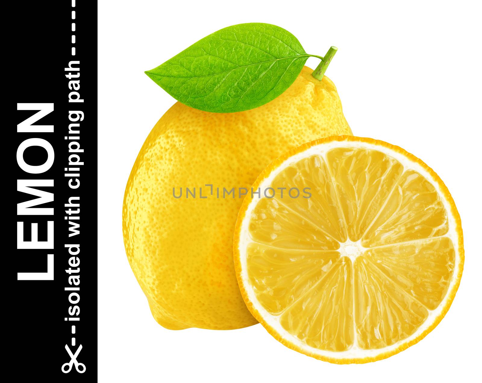 Lemon isolated on white background. One whole lemon and half isolated on white background with clipping path