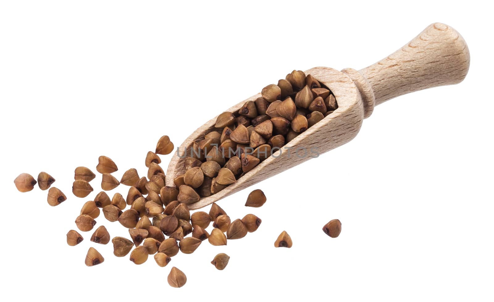Buckwheat in wooden scoop isolated on white background with clipping path