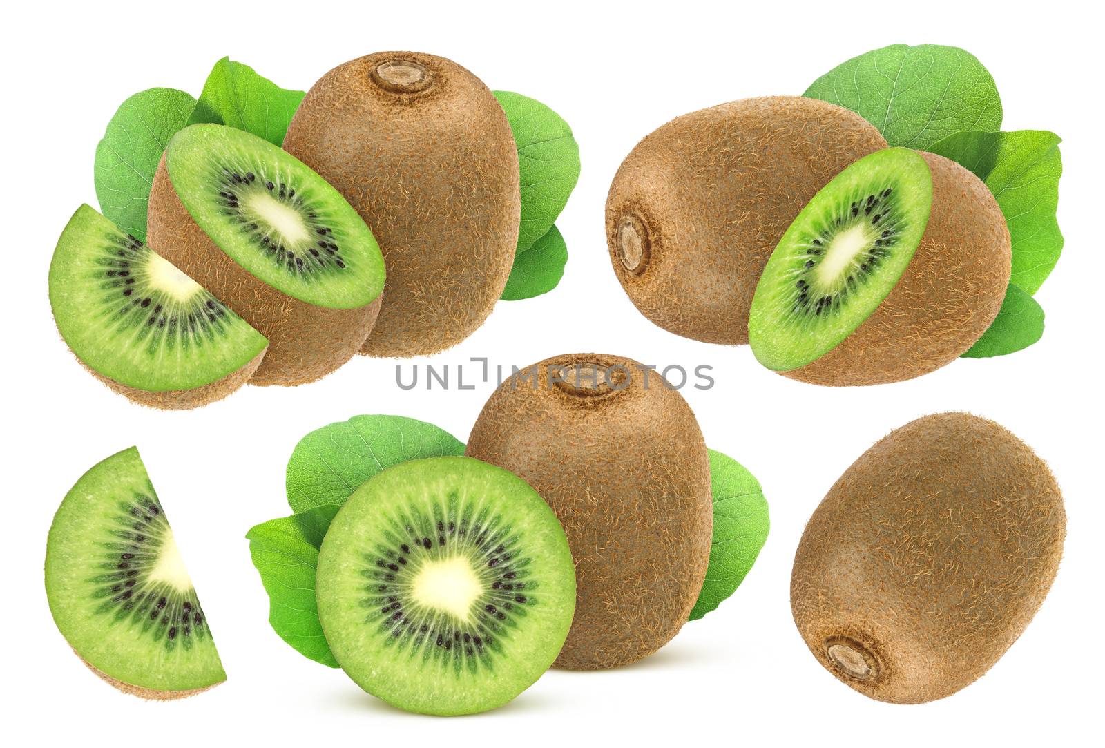 Isolated kiwi fruit. Collection of whole and cut kiwi isolated on a white background with clipping path.