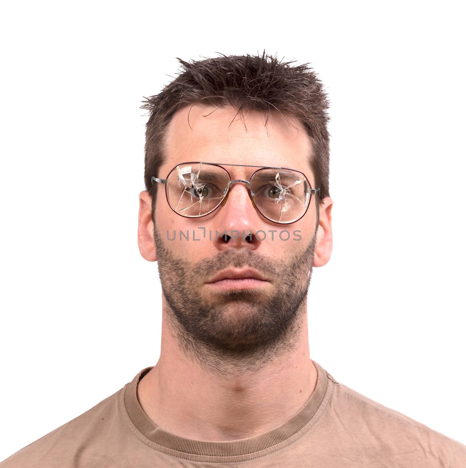 Goofy man with broken vintage glasses - Isolated on white