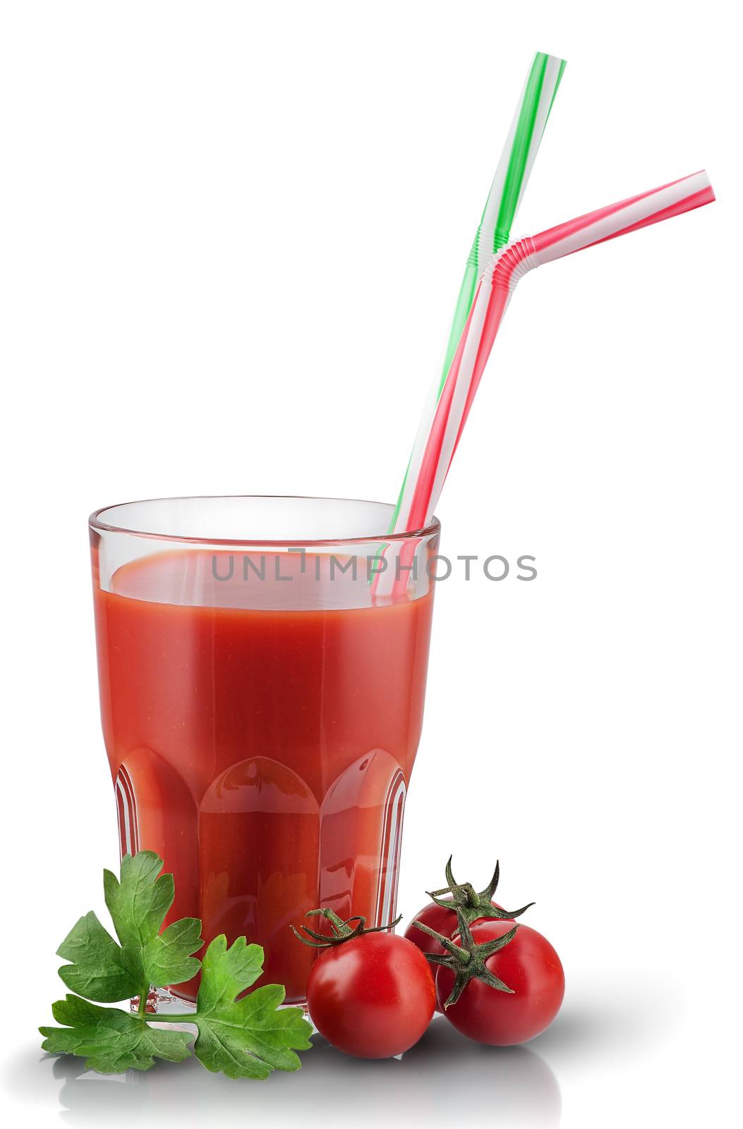 Glass of tomato juice with cherry tomatoes. Plastic tubes for cocktails, parsley, reflection. Isolated on white background.