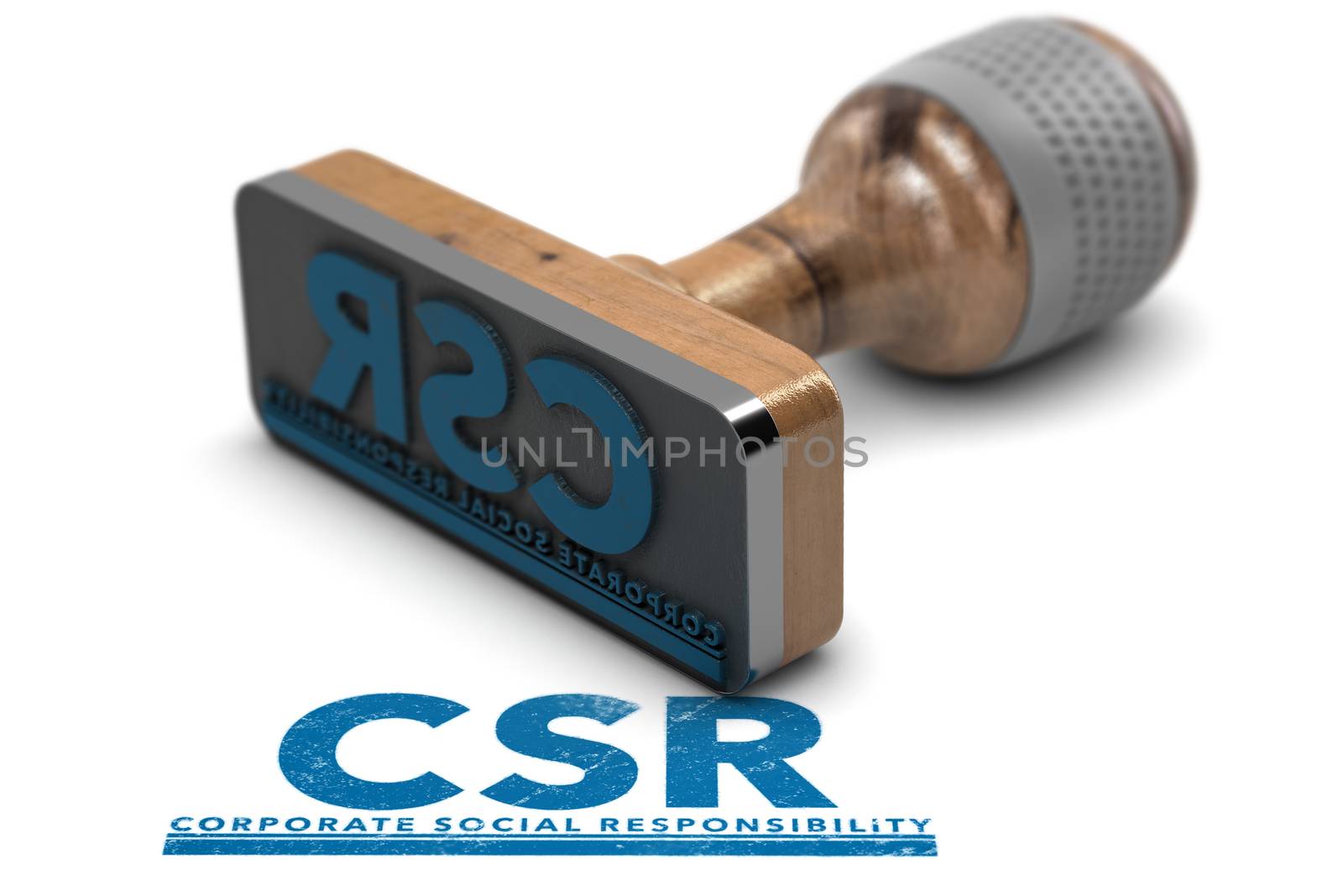 3D illustration of a rubber stamp with the with the acronym CSR, Corporate Social Responsibility stamped over white background.