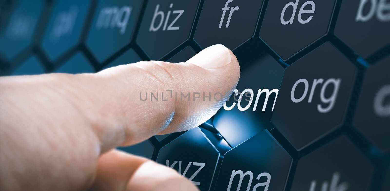 Man selecting a domain extention by pressing an hexagonal button. Composite image between a hand photography and a 3D background.