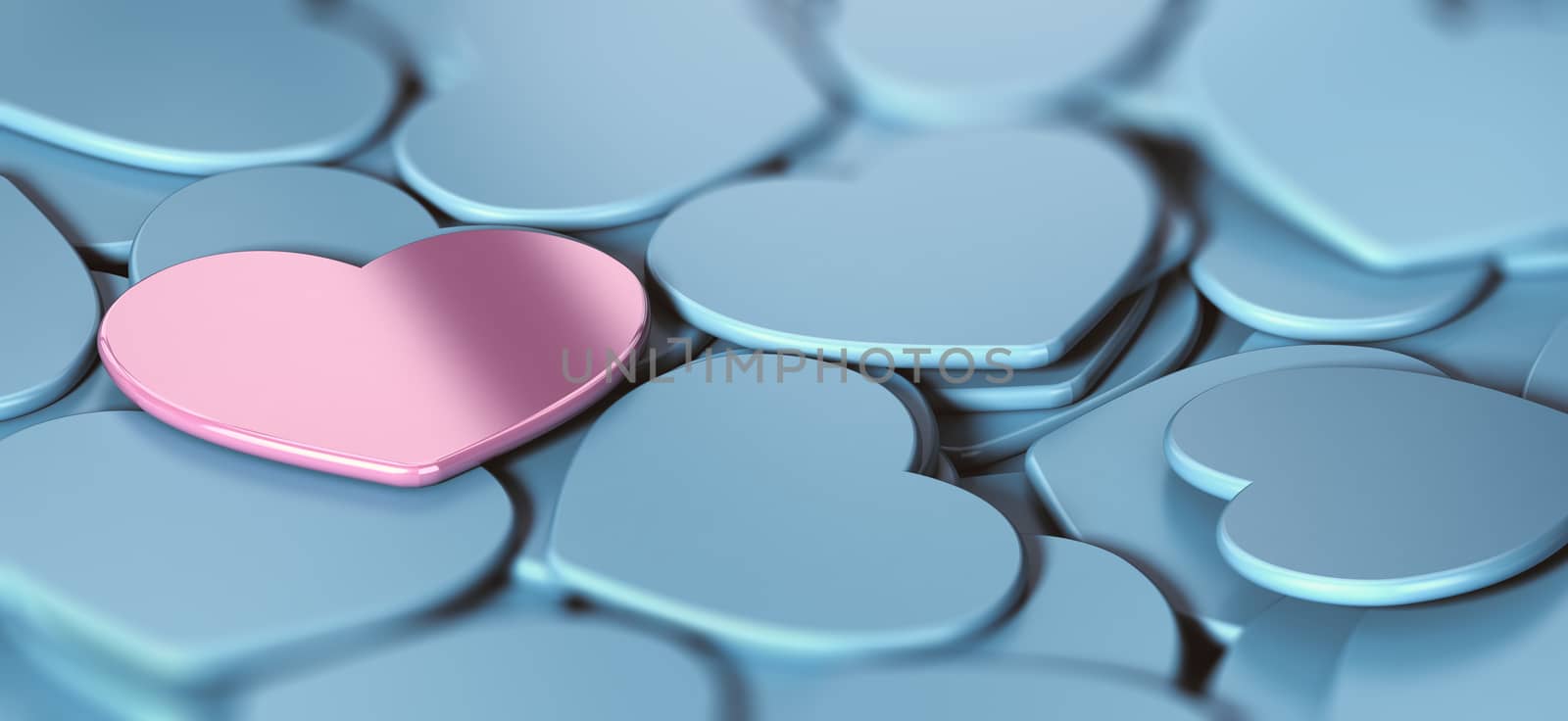 3D illustration of many blue heart shapes background and a pink one. Abstract concept of love and tenderness.