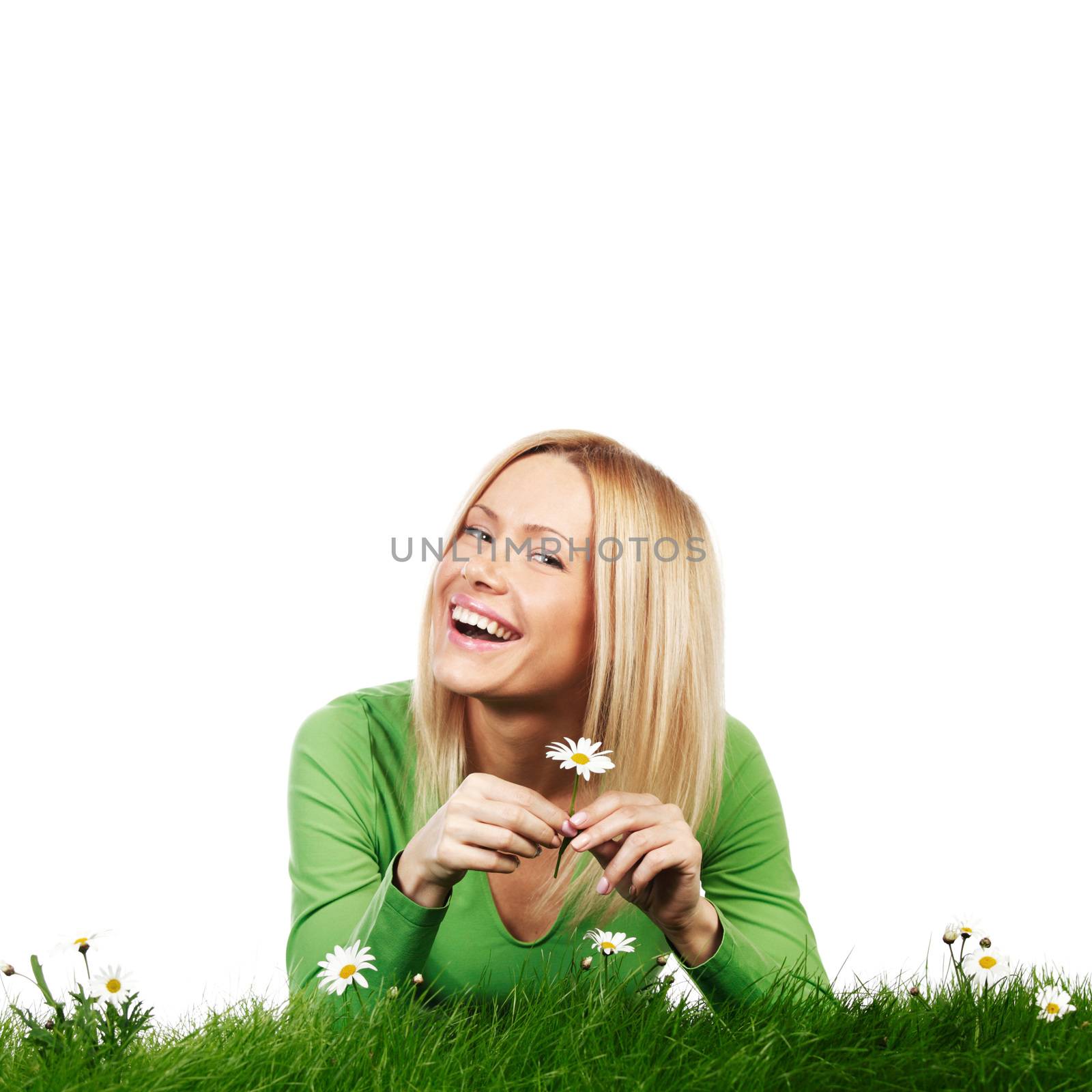 Portrait of woman with daisy flowers, isolated on white background