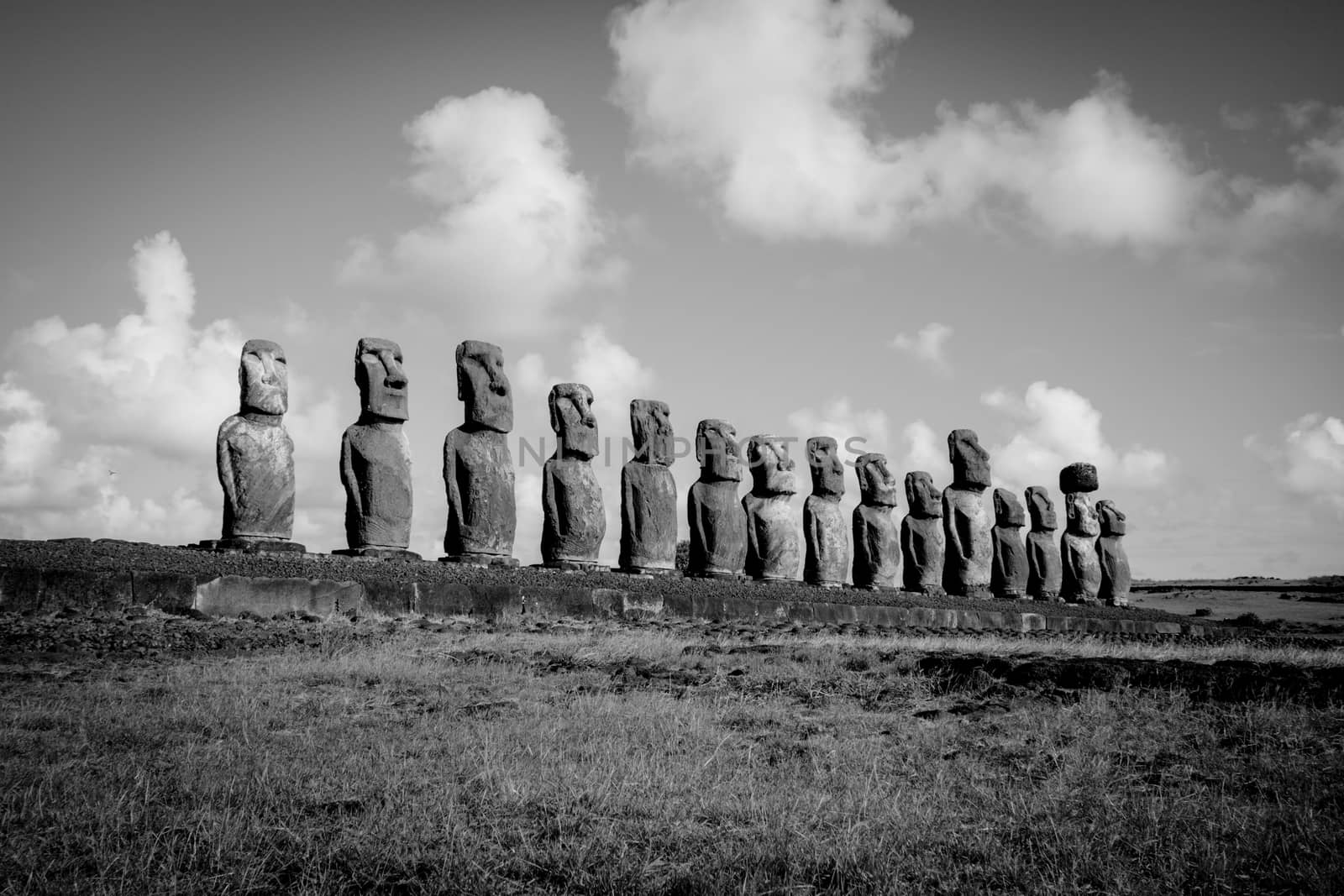 Moais statues, ahu Tongariki, easter island, Chile. Black and white picture