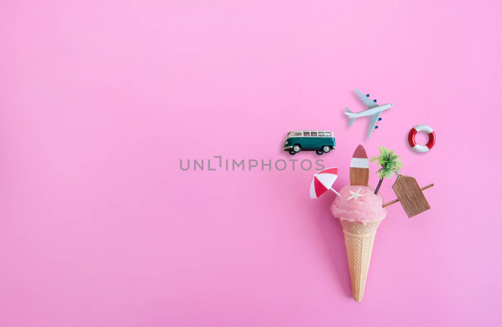 Beach sign, parasol, surfboard and pine tree inside an icecream cone surrounded by summer objects
